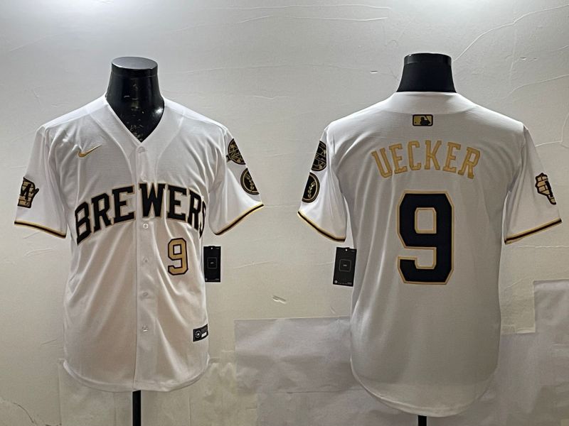 Men Milwaukee Brewers #9 Uecker White Gold Game 2025 Nike MLB Jersey style 4->milwaukee brewers->MLB Jersey